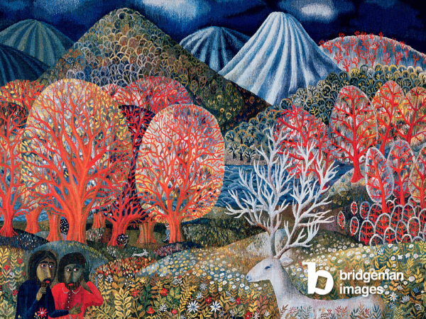 Tamás Galambos Kunstwerk, das einen Wald mit einem weißen Reh und zwei Menschen zeigt