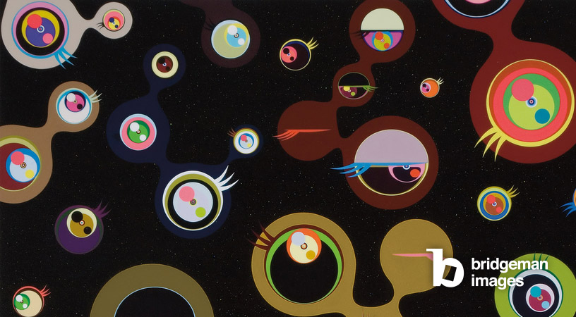 Farbenfrohes Gemälde von Takashi Murakami, das Jellyfish Eyes-Black 4 heißt