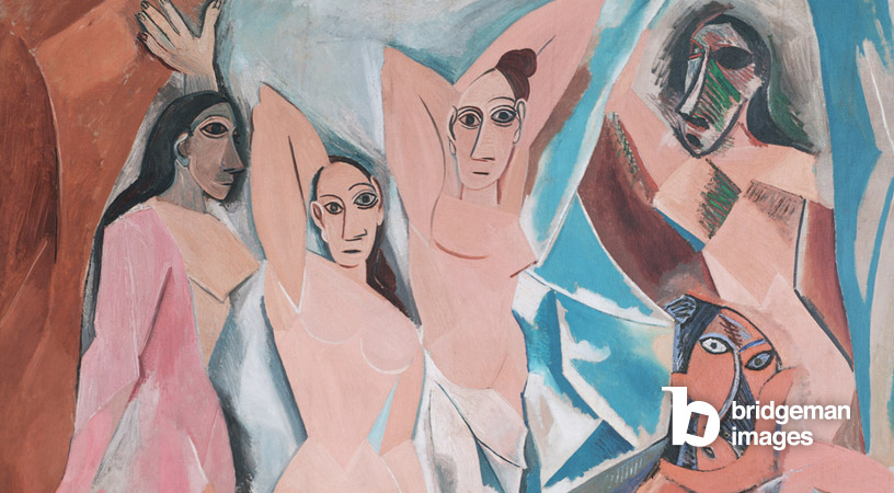 Werk von Pablo Picasso betitelt Les Demoiselles d'Avignon', das fünf teils leicht bekleidete, teils nackte weibliche Figuren zeigt