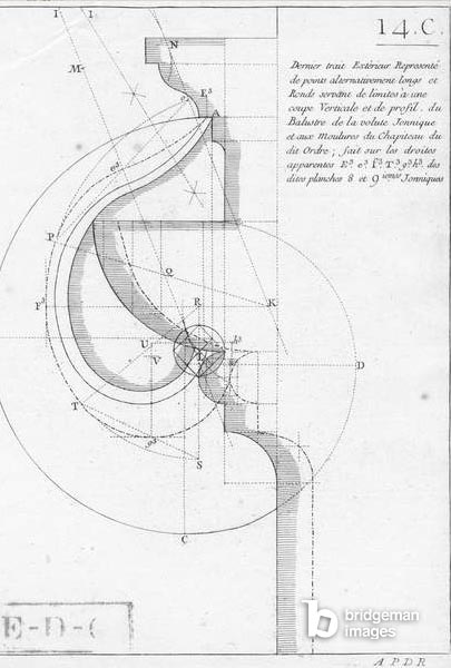 Das ionische Kapitell, Illustration aus einem Buch über Geometrie, veröffentlicht Avec Privilege du Roy et E.. du Gouvernement (Stich) (s/w Foto) / Bridgeman Images