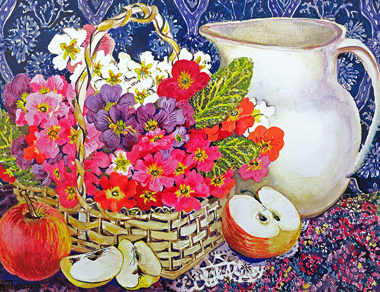 Primulas and Apples, Joan Thewsey / Five Women Artists Plus, UK / Bridgeman Images