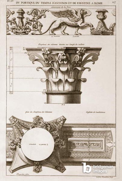 Tempel des Antoninus und der Faustina, Details des Portikus, aus "Les Edifices Antiques de Rome", veröffentlicht 1682 (Stich) / The Stapleton Collection / Bridgeman Images
